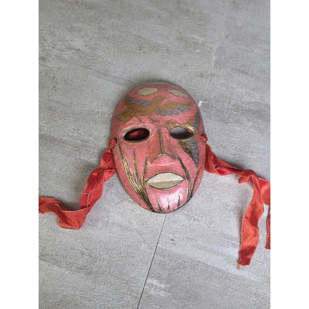 Vintage Mardi Gras Enameled Brass Miniature Face Mask Handpainted PinkDecorative